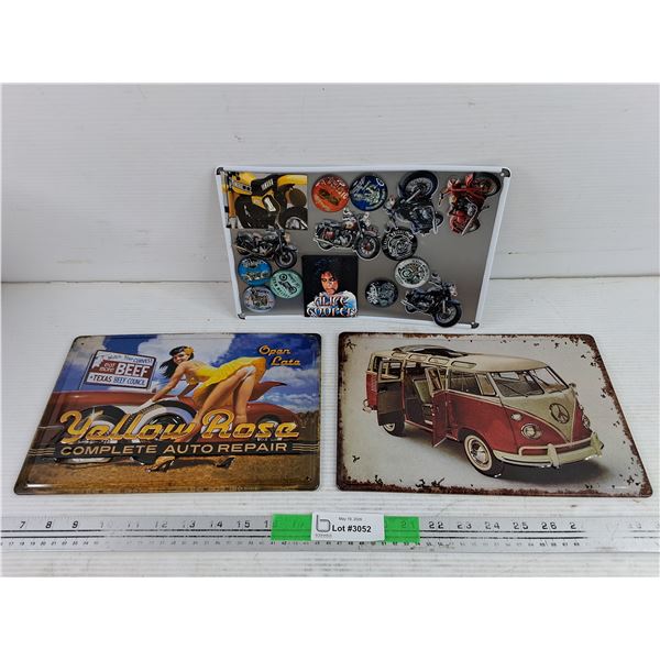 (3) Metal Signs 12" x 8", Assorted Motorcycle Magnets