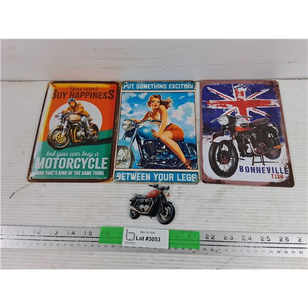 (3) Motorcycle Wall Signs 8" x 5" & Fridge Magnet