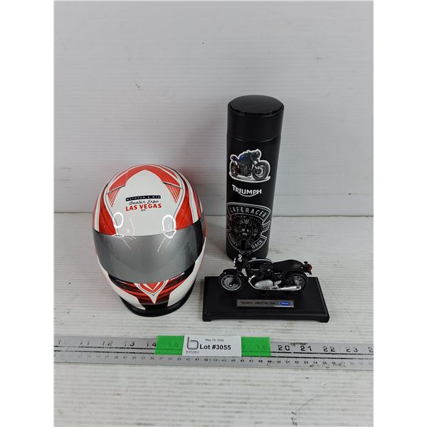 Motorcycle Helmet Coin Bank, Triumph Thruxton 1200 Motorcycle Model, Triumph Thermos Bottle