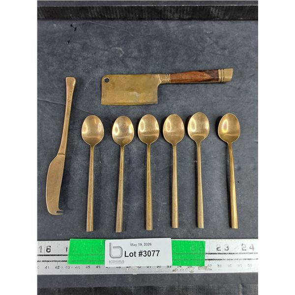 8 pc of Bronze From Thailand, Spoons, Cheese Knife & Mini Cleaver