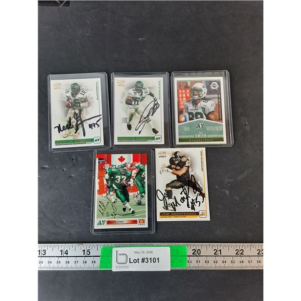 (5) CFL Cards, Most Autographed/Sask Roughriders- Cannot Authenticate
