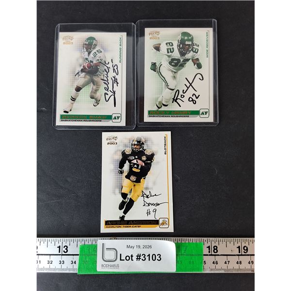 (3) Autographed Pacific CFL Cards- Sask. Roughders & Hamilton Tiger Cats- Cannot Authenticate