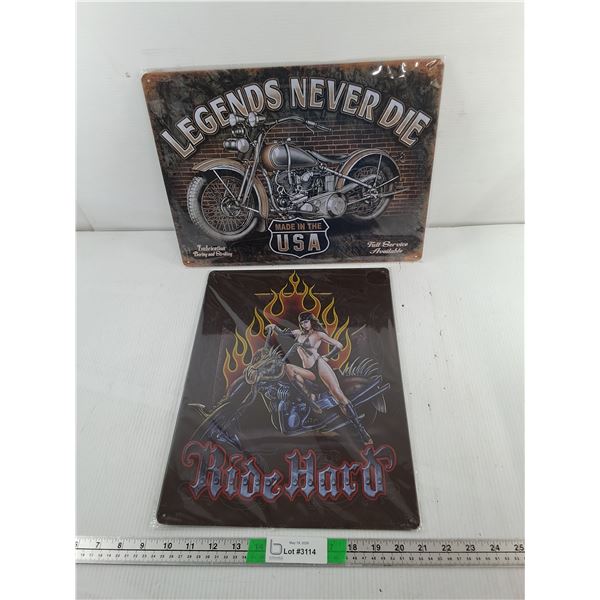 (2) Motorcycle Themed Metal Signs 15.75" x 11.75"