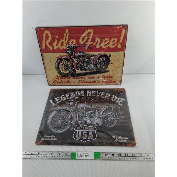 (2) Motorcyle Themed Metal Signs 15.75" x 11.75"