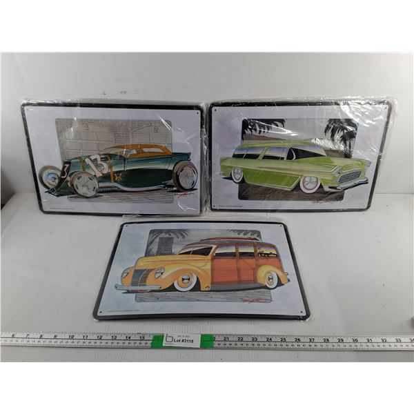 (3) Vintage Style Car Metal Signs 16.5" x 10.75"