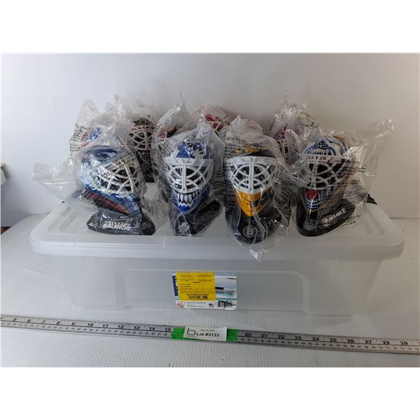 Plastic Tote & (11) Model NHL Goalie Masks- Cannot Ship Tote