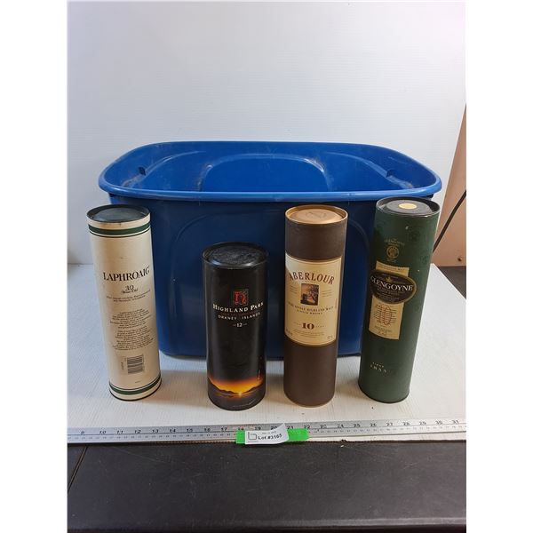 (1) Tote-No Lid, (4) Scotch Whiskey- Empty Containers - PICK UP ONLY