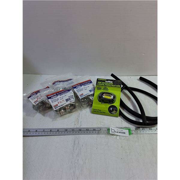 (4) 1/2"-1-1/4" Hose Clamps, Cob Headlamp, Hose pieces