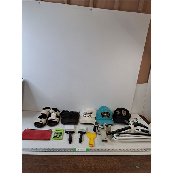 Womans Sandals, (4) Ball Caps, Pencil Case, Calculator, (2) Paintbrushes, Hangers, Misc