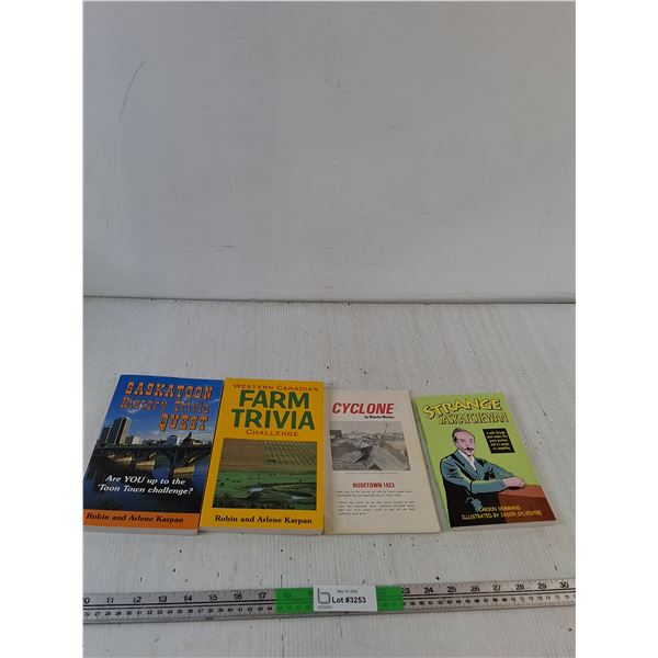 (4) Books: Saskatoon History Trivia Quest, Farm Trivia, Cyclone, Strange Saskatchewan
