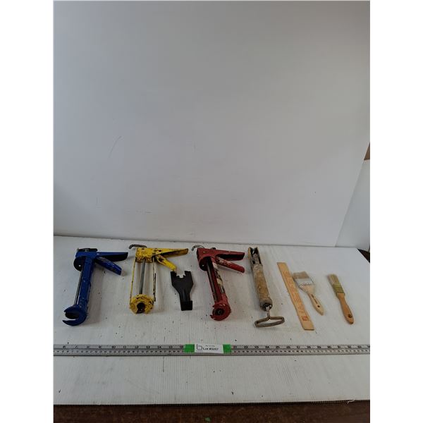 (4) Caulking Guns, Paint Brushes, Paint Stir Stick