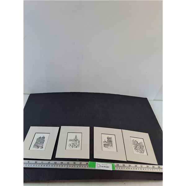 (4) Framed Black and White Prints of Architectural Sketches