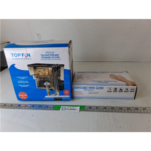 Box of Disposable Vinyl Gloves, Appears New- L & Top Fin Pro30 Silenstream Power Filter- Powers On/A