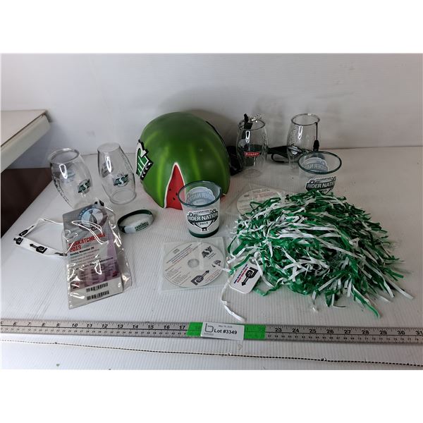Saskatchewan Roughriders Lot- Watermelon Hat, Plastic Cups, Pom Pom, Misc.