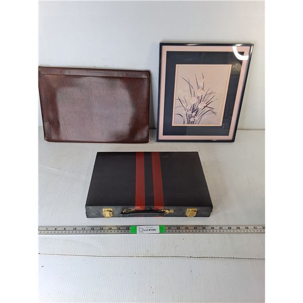 Framed Floral Print 15.25 x 13", Backgammon Set, Leather Style Portfolio Case