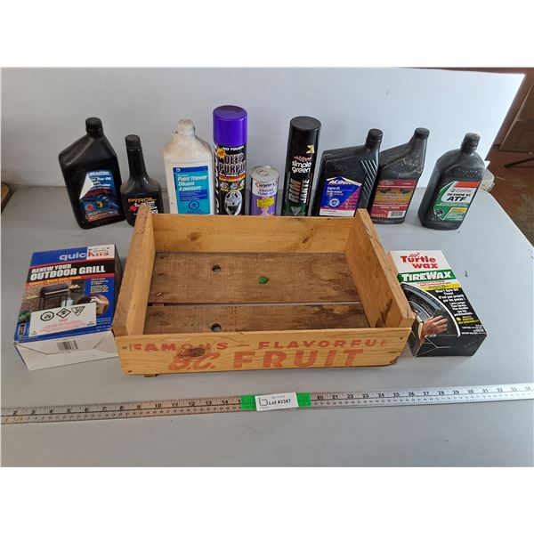Chemicals Lot- Engine Oil, Paint Thinner, Transmission Fluid, Misc. & Wooden Crate 17.75" x 11.5" x