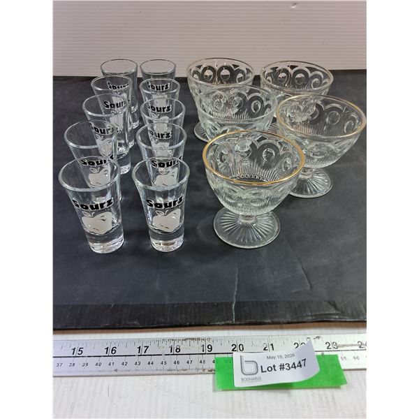 (10) Shot Glasses, (5) Sherbet Gold Rim Glasses