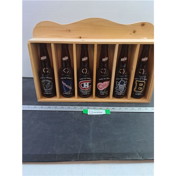 Labatt Blue Stanley Cup Champions Collectible Beer Bottles Empty, in Wood Display Case