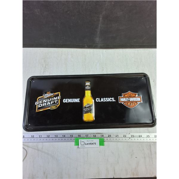 Miller Genuine Draft / Harley Davidson Metal Sign 8"x18"
