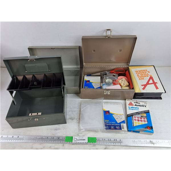 Assorted Office Supplies, (3) Metal Cases & Where There's a Will There's An A VHS