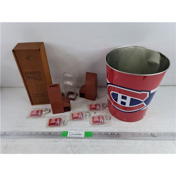 Alberta Springs Whisky Wooden Box, Montreal Canadiens Keychains & Bucket, Grain Elevator Coin Banks