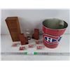 Image 1 : Alberta Springs Whisky Wooden Box, Montreal Canadiens Keychains & Bucket, Grain Elevator Coin Banks