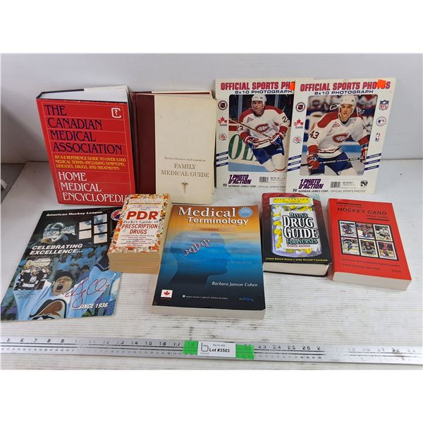 Assorted Books - Medical Terminology, Drug Guide, Hockey Card Price Guide, Official Sports Photos