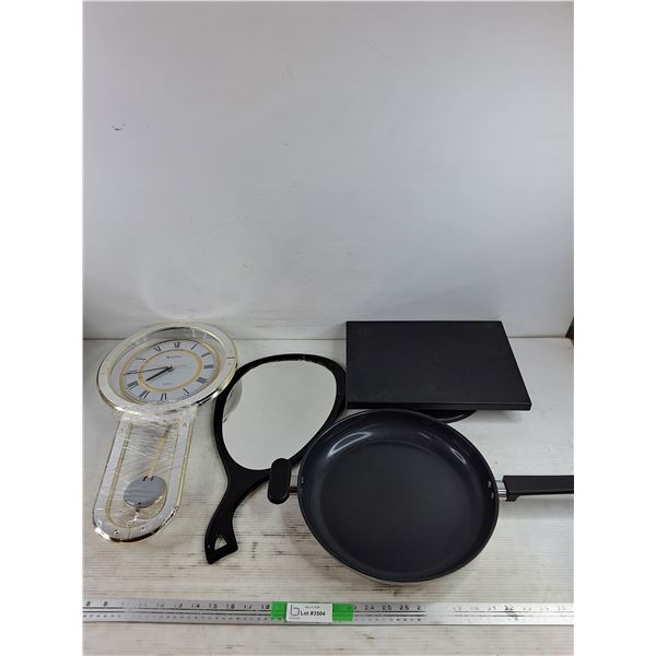 Bulova Quartz Wall Clock, Hand Held Mirror, Spinning Platform, 13" Frying Pan
