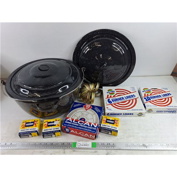 Enamel Pot w/Lids, Rubber Fruit Jar Rings, Burner Guards, Burner Liners