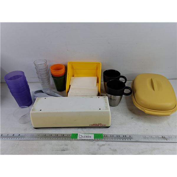 Plastic Cups, EzeeWrap Foil Dispenser, Affinity Mugs, Tupperware Container w/Lid, Napkins, Misc