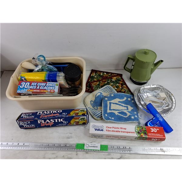 Plastic Wraps, Electric Tea Pot, As Is, Plastic Container, Assorted Kitchen Supplies