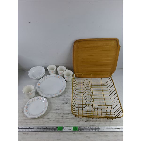 Corelle By Corning Dining Plates, Bowls & Mugs, Dish Rack w/Plastic Tray