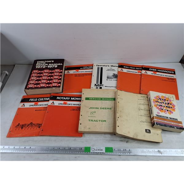 Assorted Operators Manuals Chiltons Auto Repair Manual, John Deere Service Manual, Misc
