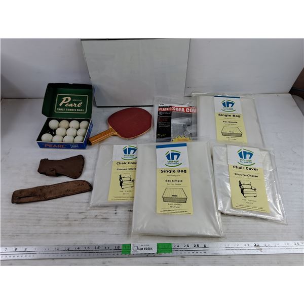 Table Tennis Balls & Racket, Furniture Covers,  Picture Frame 14" x 11", Leather Sheaths