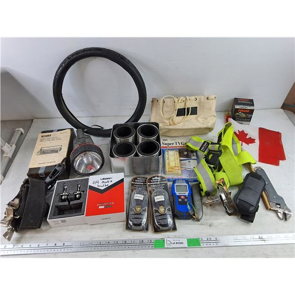 Shielded Audio Cables, AM/FM Clock Radio, Fram Oil Filter, Flashlight, Misc