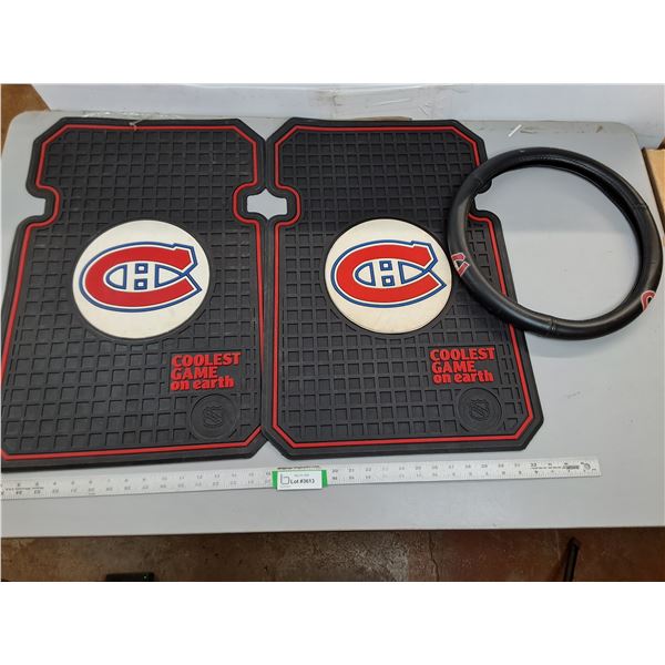 (2) Montreal Canadiens Floor Mats 25.5 x 17.5", Steering Wheel Cover 15.75"