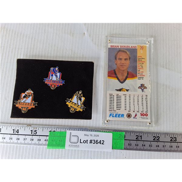 Fleer Brian Skrudland NHL Card- Cannot Authenticate & Sharpshooters Collector Pins