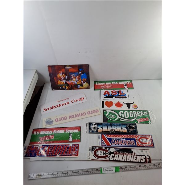 'Dogs Playing Poker' Tin Sign 11.75" x 7.75" & Stickers- Pilsner, Burger King, Montreal Canadiens, M