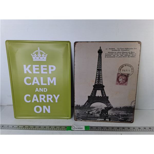 Eiffel Tower & Keep Calm and Carry On Metal Signs 15.75" x 11.75"