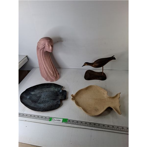 (2) Fish Style Trays Up to 13.75", Wooden Bird Figurine, 'Wind Woman' Concrete Statue 14.5" Tall
