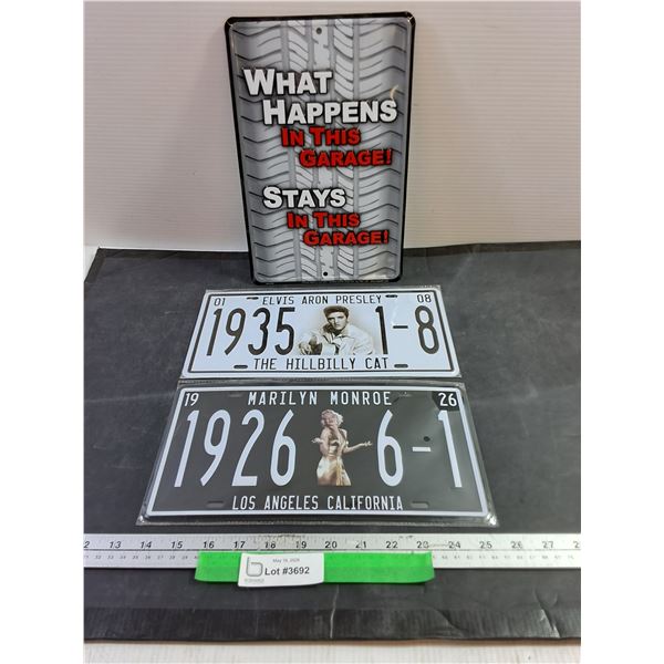 (3) Metal Novelty License Plate and Signs. Elvis Presley and Marilyn Monroe