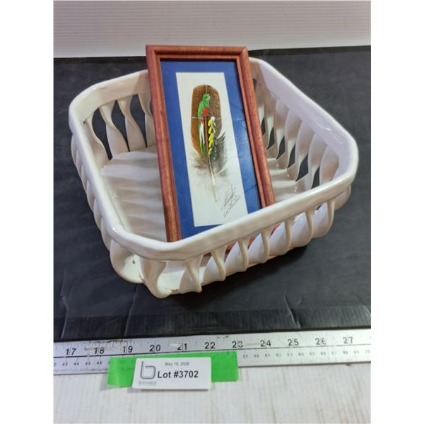 ceramic basket (small crack) and painted feather art.9.5" x 4.75"