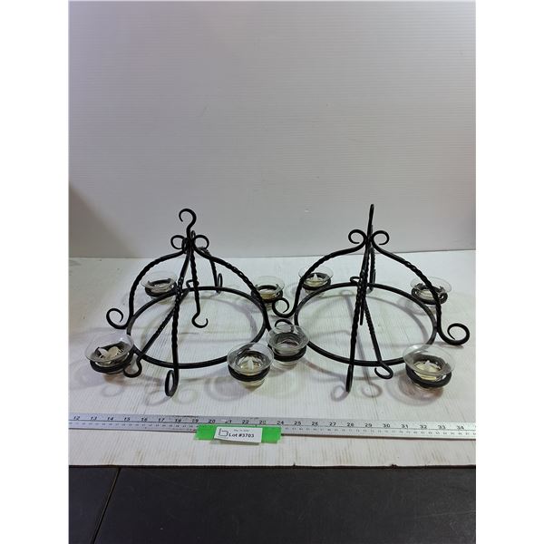 (2) Iron and Glass Hanging Candle Holder, w/ LED Candles (untested) Damage to one Glass Cup