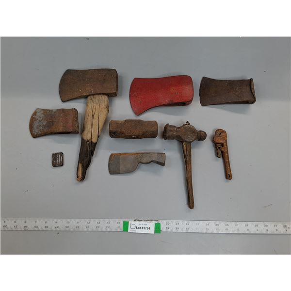 (5) Axe Heads, (2) Sledge Hammer Heads, Wrench, As Is