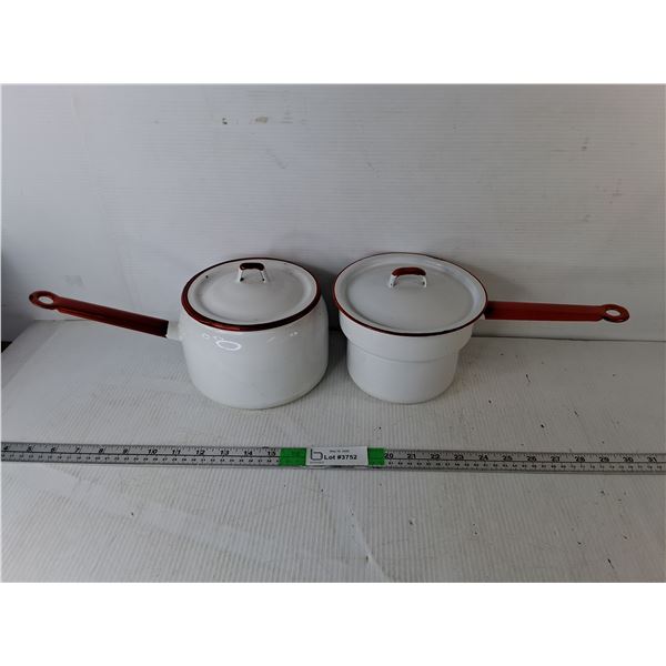 (2) Vintage Enamelware Pots with Lids