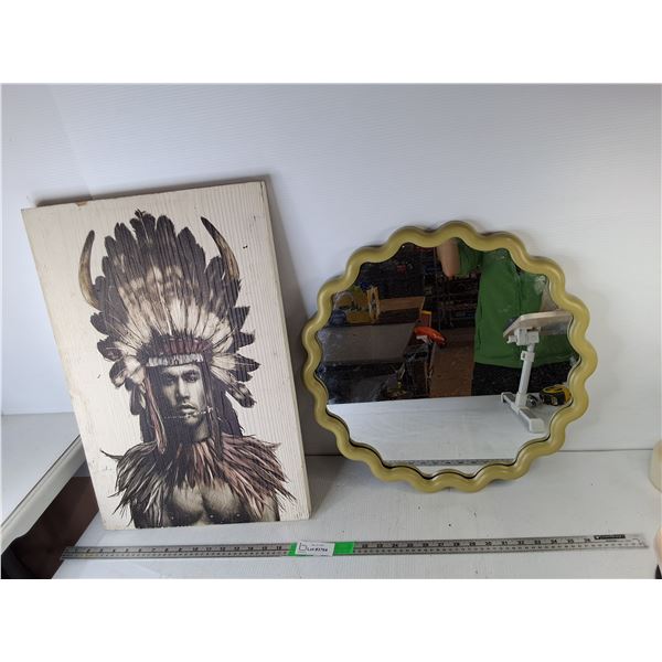 Indigenous Wood Art 23.5" x 15.75" & Plastic Wall Mirror 19.5"- Cannot Ship