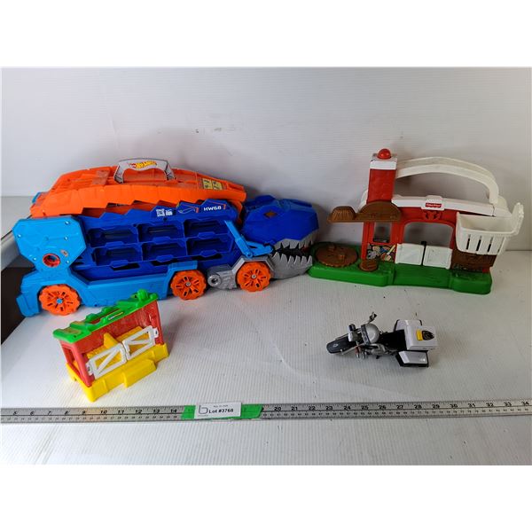 Hot Wheels Car Storage Truck, Fisher Price Farm Set & Tonka Police Motorcycle