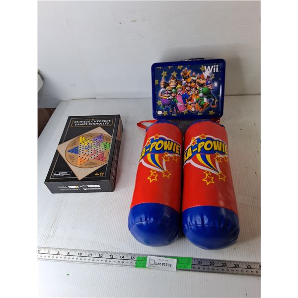 (2) Kids' Mini Punching Bags, Mario Wii Tin Lunchbox- Does Not Latch & Chinese Checkers Set- Sealed