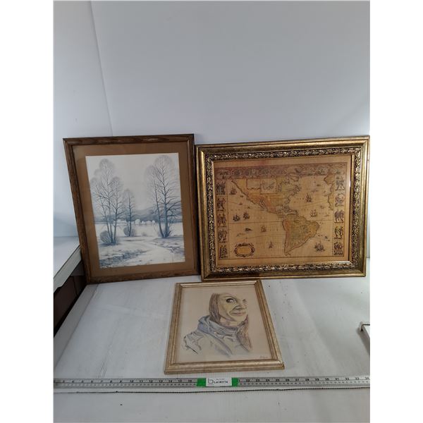 (2) Framed Art Pieces- Portrait & Nature and Map 24.25" x 20.25"- Cannot Ship