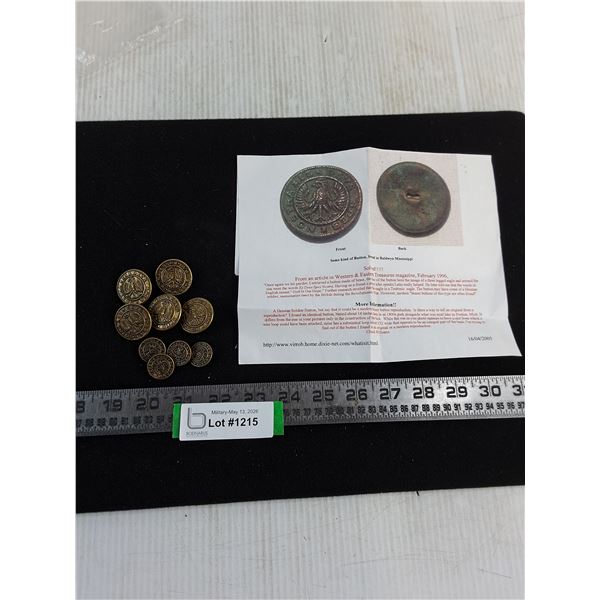 (9) Hessian Soldier Revolutionary War Buttons & History Note - Possibly Reproductions